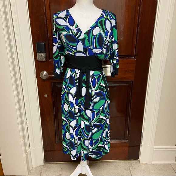 Rabbit Rabbit Rabbit Designs Mock Wrap Knit Dress Size 14 Green Black Design - Picture 8 of 8